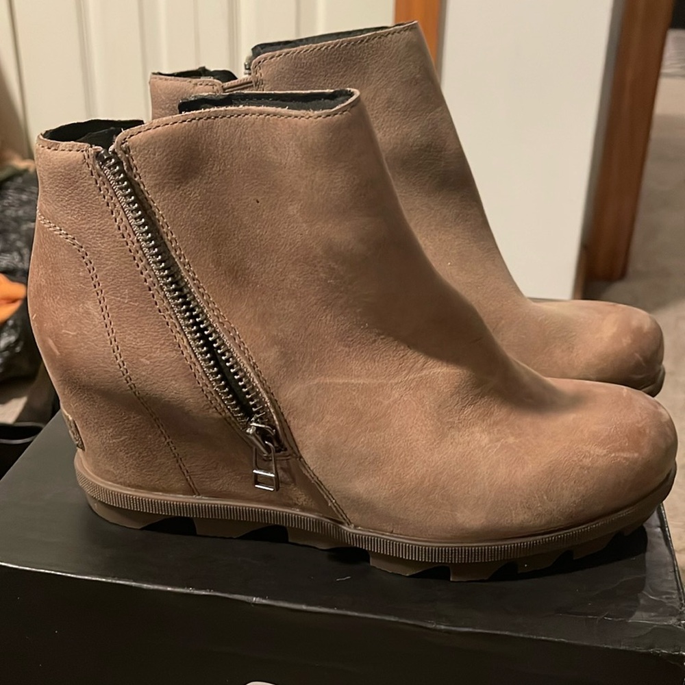 taupe sorel Joan of Arctic wedge bootie